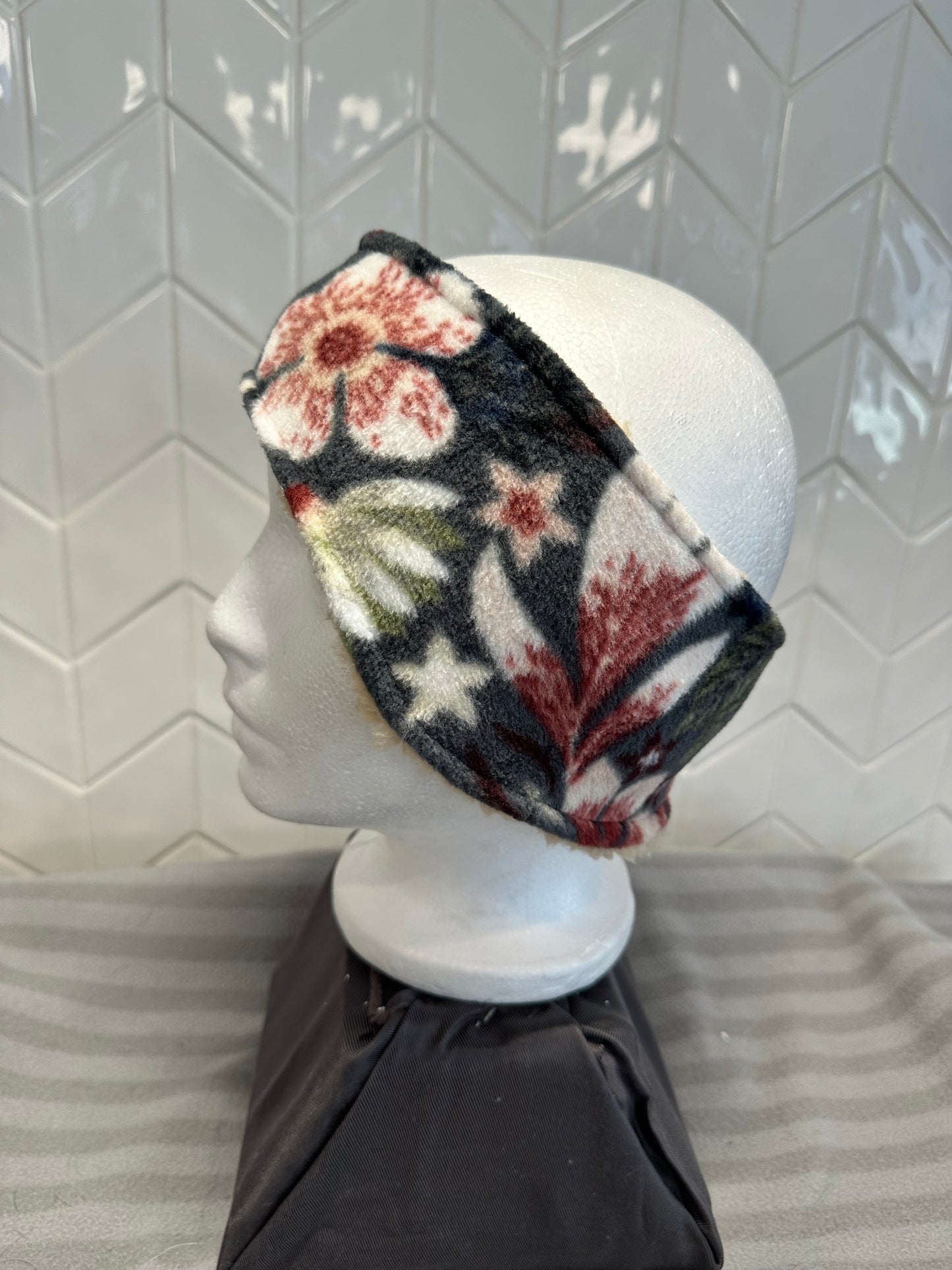 Dark gray floral with tan Sherpa